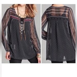 Free People Boho Tunic Top Medium Sheer Long Sleeve Print Blouse